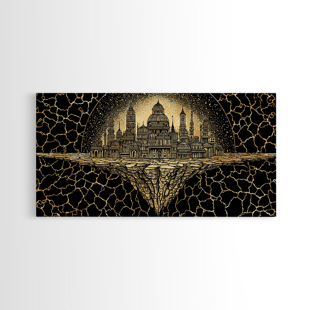 Golden African Kingdom City Wall Art, Black And Gold Geometric Decor, Afrocentric Spiritual Art, Luxury Canvas Print Poster