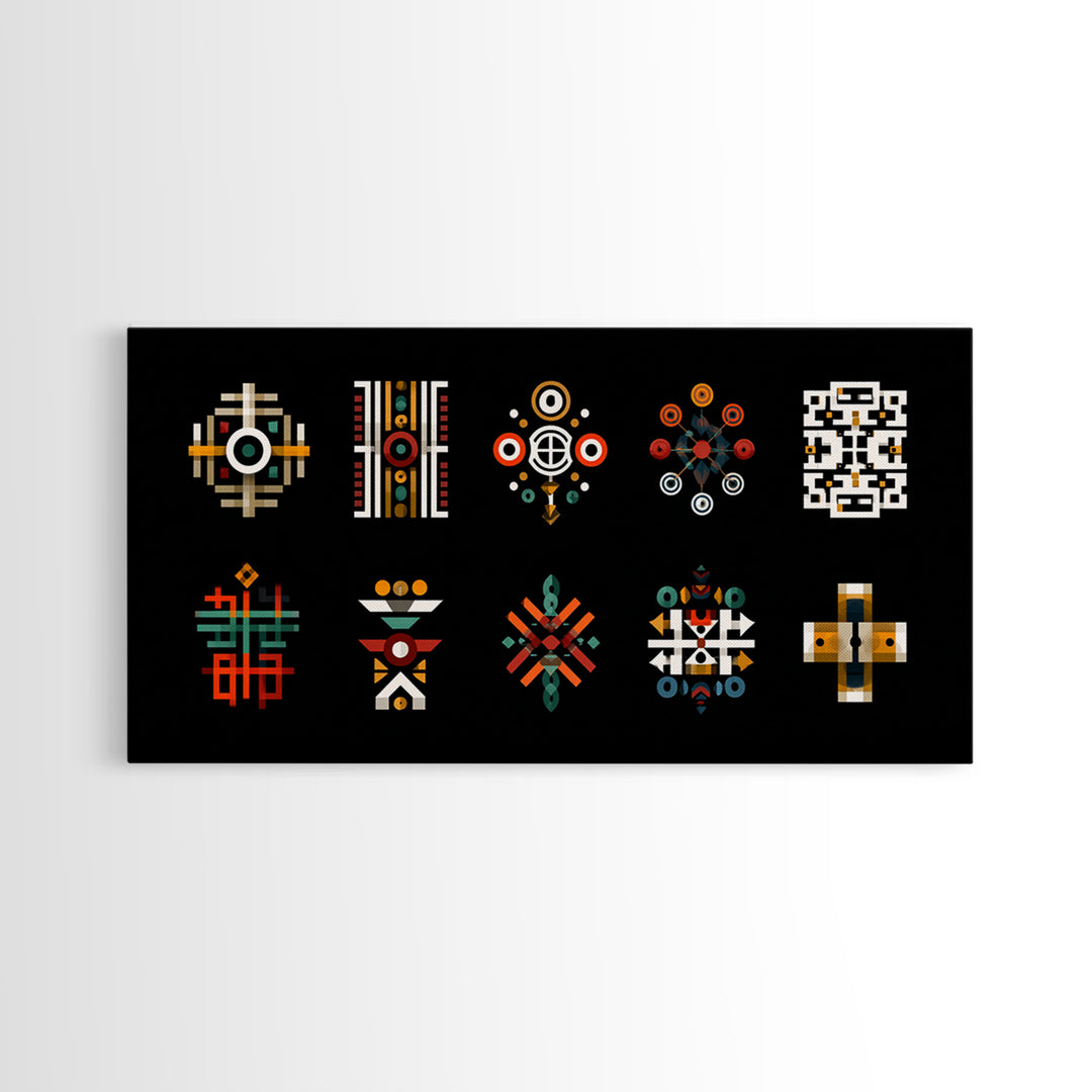 Modern African Geometric Symbols Wall Art, Abstract Tribal Patterns, Afrocentric Decor, Black Culture Art Canvas Print Set