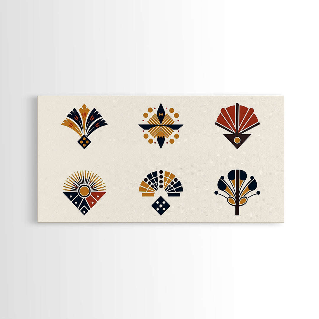 Minimal African Fan Motif Wall Art, Boho Geometric Pattern Decor, Abstract African Art, Earth Tone Canvas Print Set Gift