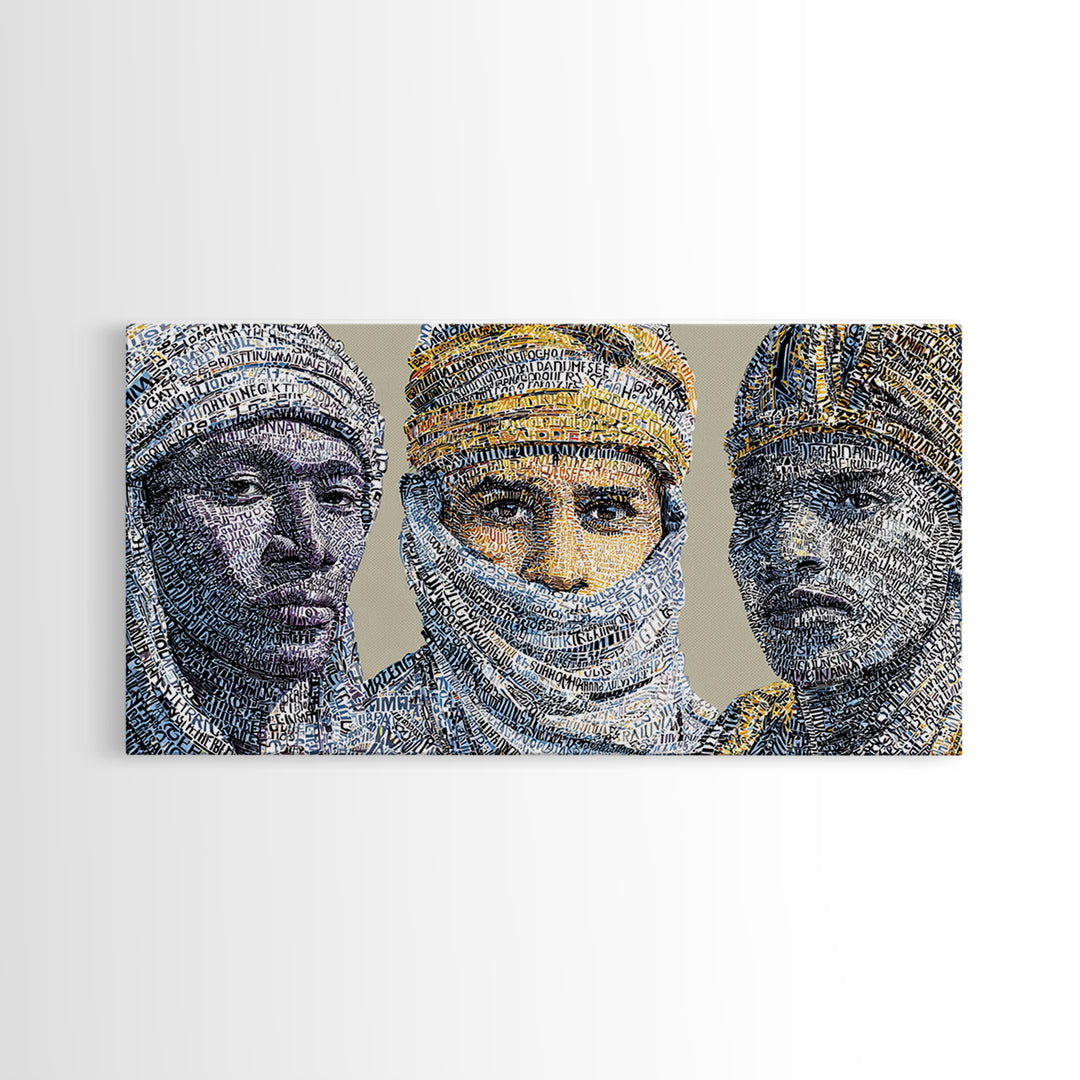 North African Tuareg Portrait Trio Canvas Print, Blue Desert Nomad Wall Art, Modern African Art Prints For Home Decor Gift