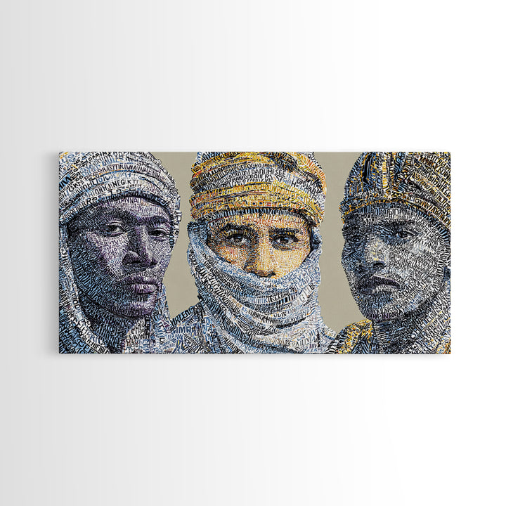 North African Tuareg Portrait Trio Canvas Print, Blue Desert Nomad Wall Art, Modern African Art Prints For Home Decor Gift
