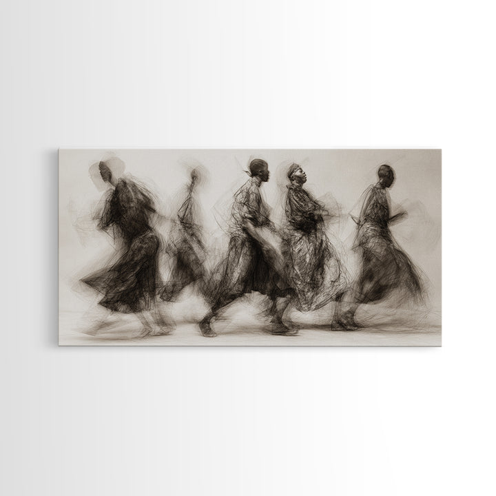 Charcoal African Procession Silhouettes Wall Art, Traditional African Decor, Cultural Canvas Print For Living Room Home Decor Gift