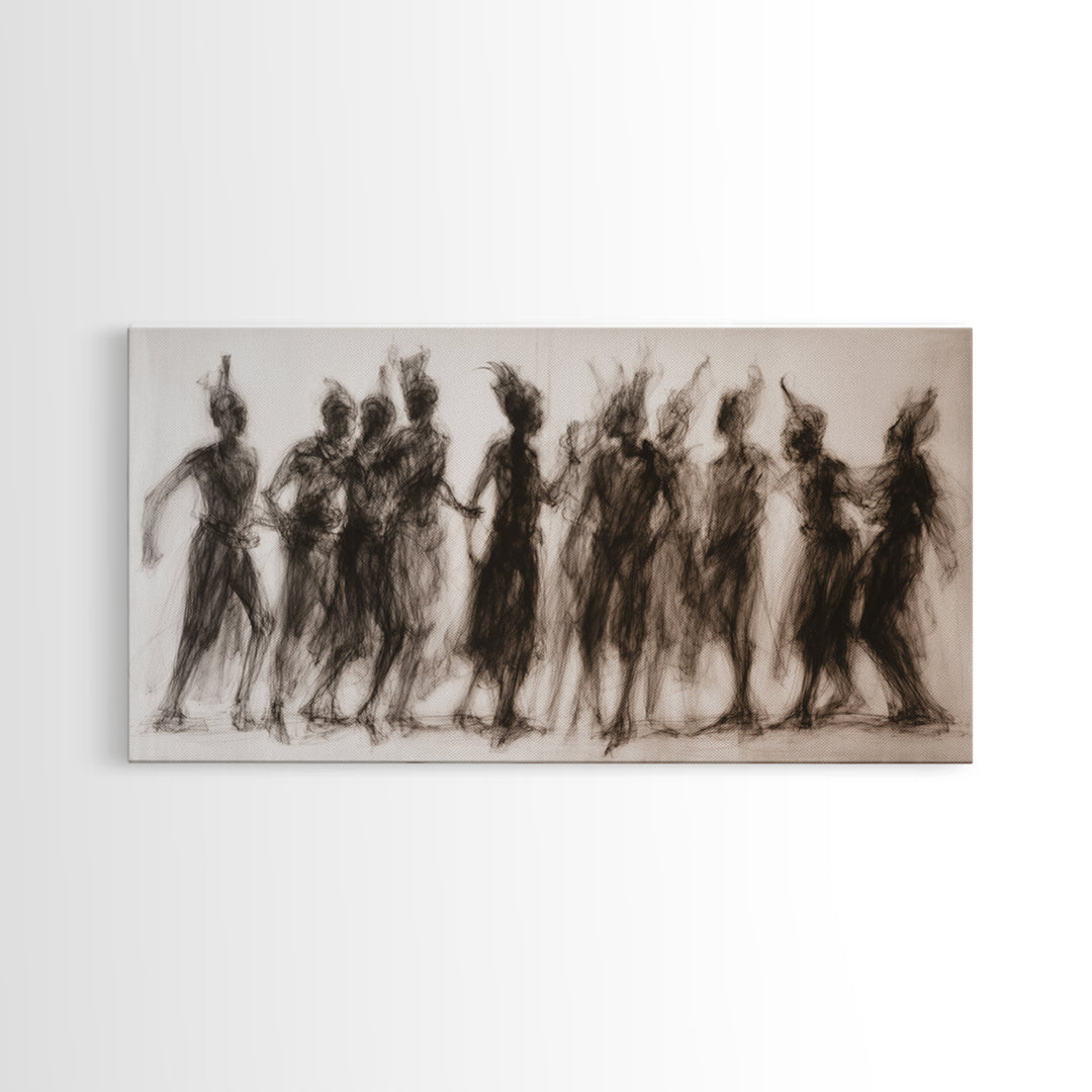 Charcoal African Women Dance Silhouettes Wall Art, Feminine Cultural Canvas Print, Afrocentric Decor Gift For Home Living Room