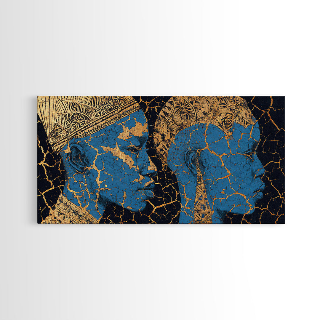 Blue And Gold Cracked African Faces Wall Art, Modern Afrocentric Canvas Print For Luxury Decor, Cultural Home Decor Gift