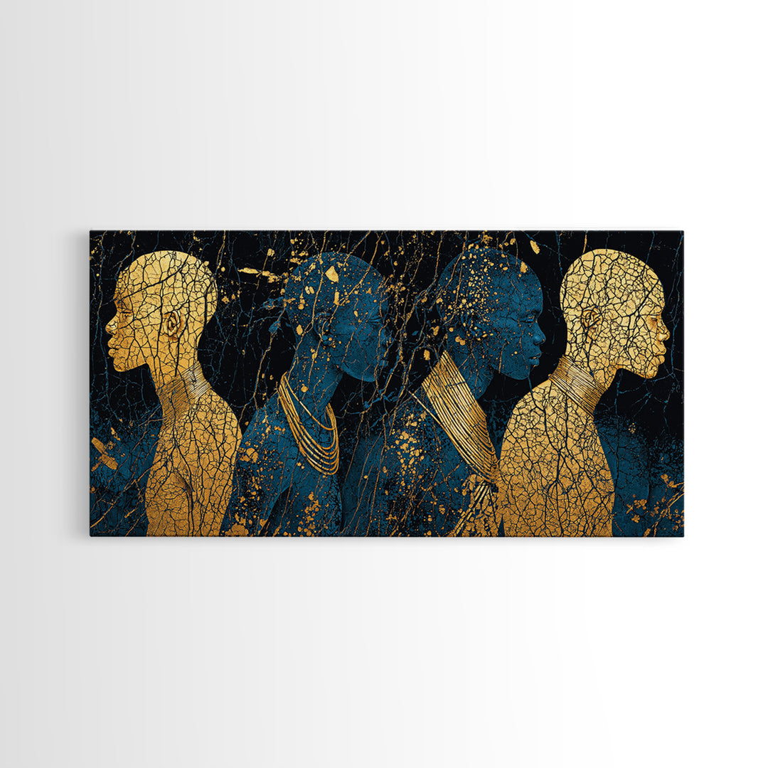 Gold And Teal African Women Silhouettes Wall Art, Afrocentric Black Woman Portrait, Luxury Canvas Decor, Black Gold Print