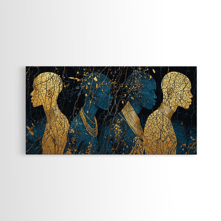 Gold And Teal African Women Silhouettes Wall Art, Afrocentric Black Woman Portrait, Luxury Canvas Decor, Black Gold Print