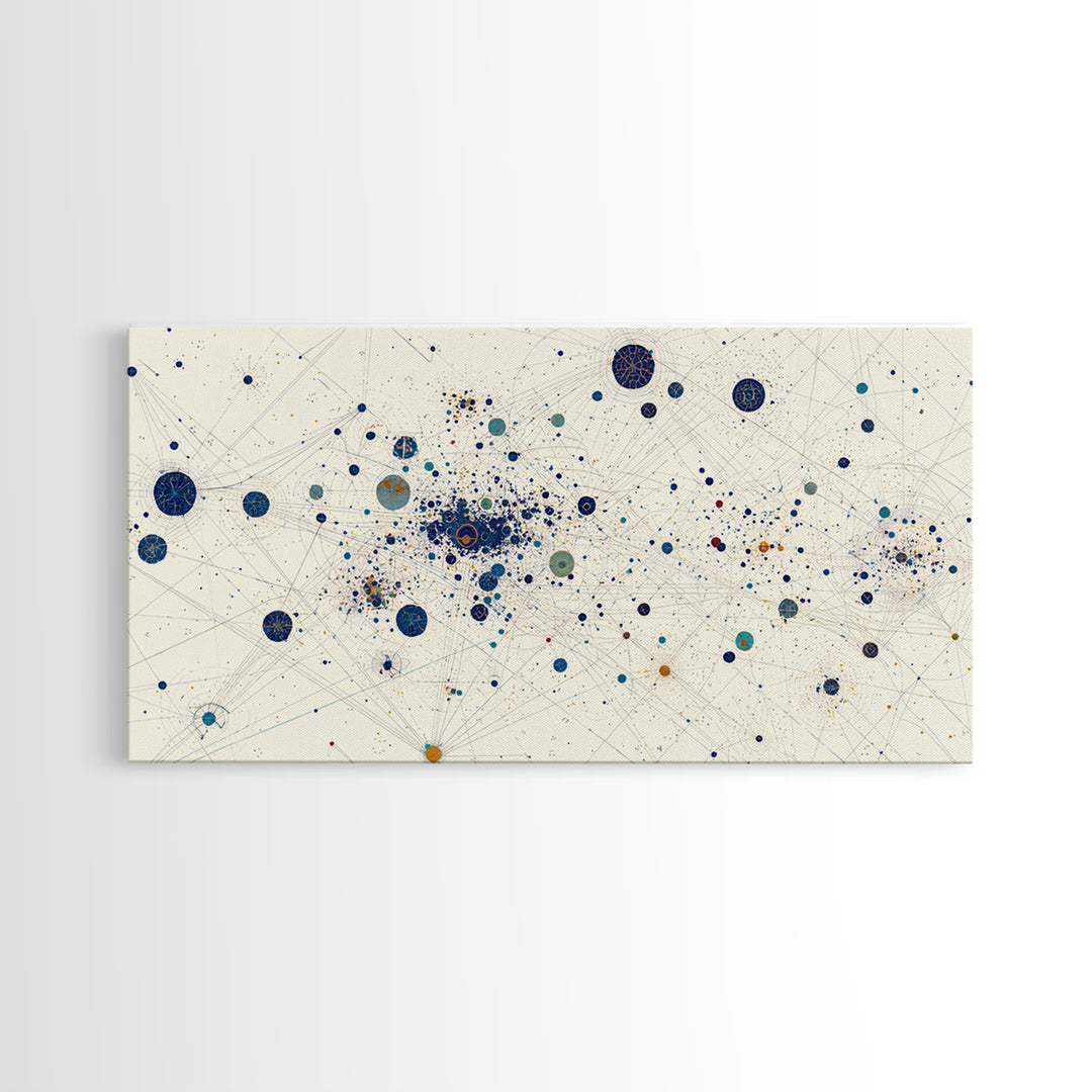 Cream Blue Gold Dot Constellation Network Wall Art, Abstract Geometric Canvas Print, Minimalist Modern Office Decor Gift