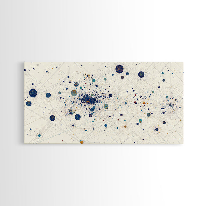 Cream Blue Gold Dot Constellation Network Wall Art, Abstract Geometric Canvas Print, Minimalist Modern Office Decor Gift