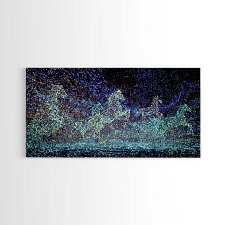 Neon Cosmic Running Horses Herd Canvas Print, Abstract Animal Wall Art, Blue Green Equine Decor, Mystical Modern Nature Gift
