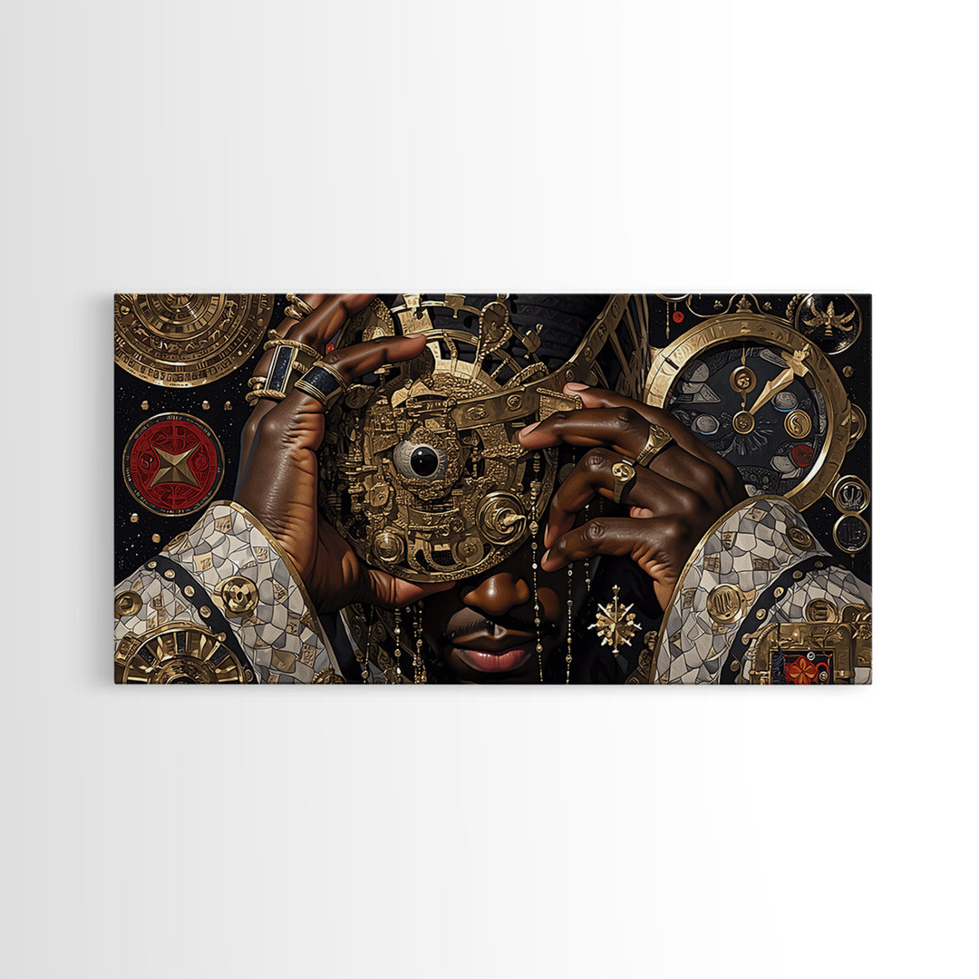 Afrofuturist Golden Mask Portrait Framed Canvas Print, African Wall Art, Black Culture Art, Luxury Afrocentric Home Decor
