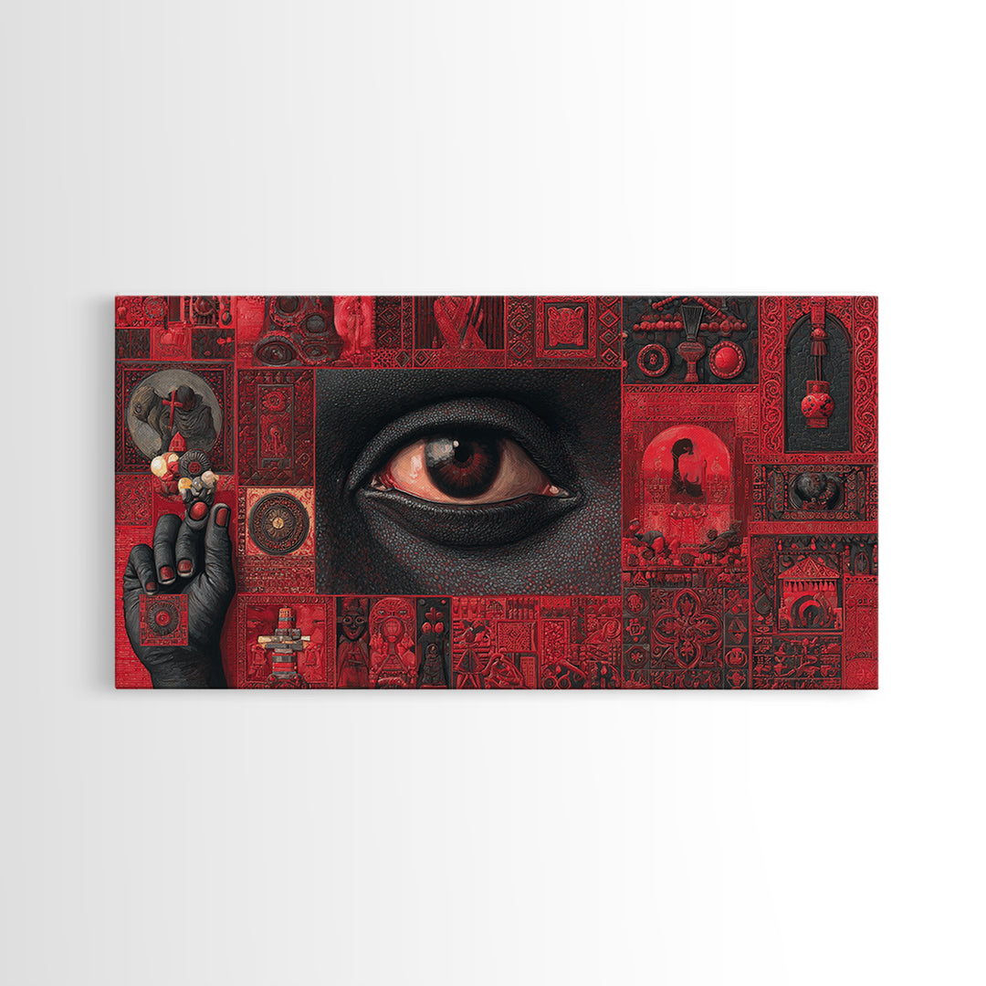 Red Mystic Eye Tribal Collage Canvas Print, African Mask Art, Afrocentric Wall Decor, Bold Cultural Artwork For Home Office