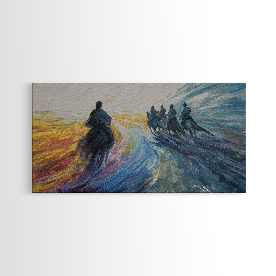Galloping Horsemen Dawn Landscape Canvas Print, African Warrior Art, Dynamic Modern Wall Decor For Office And Living Room