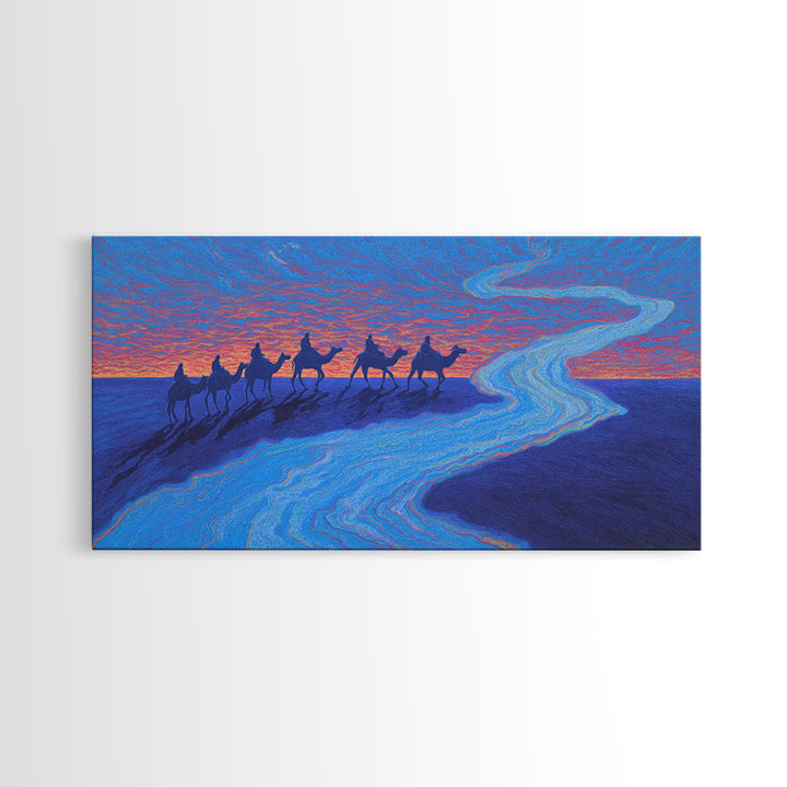 Camel Caravan Blue Desert Wall Art, African Safari Art Print, Dreamy Sunset Landscape For Boho Bedroom And Travel Decor Gift
