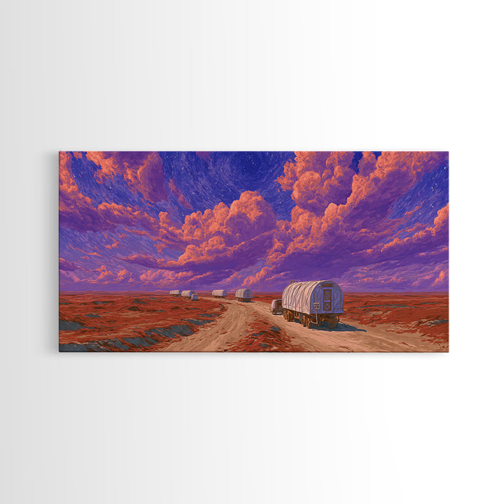 Desert Wagons Under Purple Sky Canvas Print, African Landscape Wall Art, Modern Safari Travel Home Decor For Living Room
