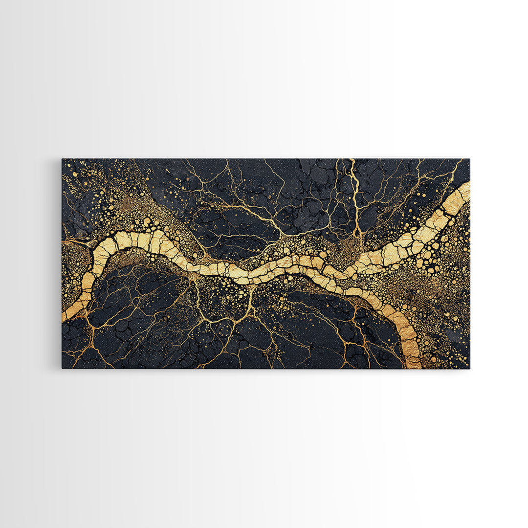 Black Gold Cracked Earth River Framed Canvas Print, Abstract African Art, Luxury Geometric Wall Decor For Modern Home Office