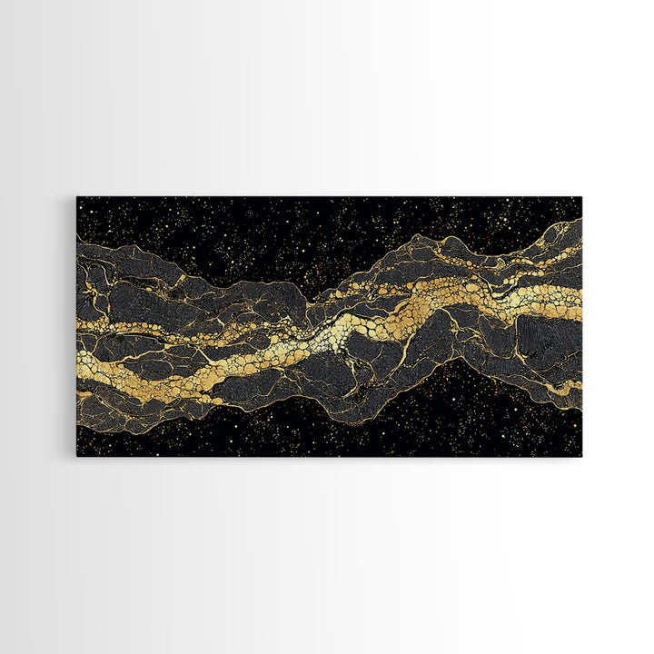 Golden Mountain Vein Abstract Wall Art, Black And Gold African Inspired Canvas Print, Luxury Statement Decor For Home Office