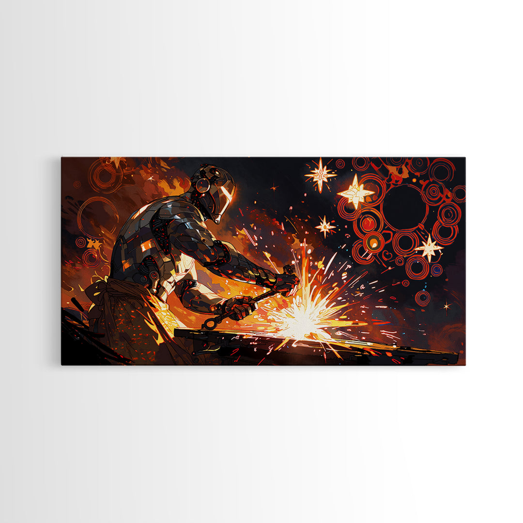 Futuristic Blacksmith Sparks Canvas Print, Industrial Wall Decor, Modern Art, Orange Metalwork, Workshop Gift, Masculine Office Art