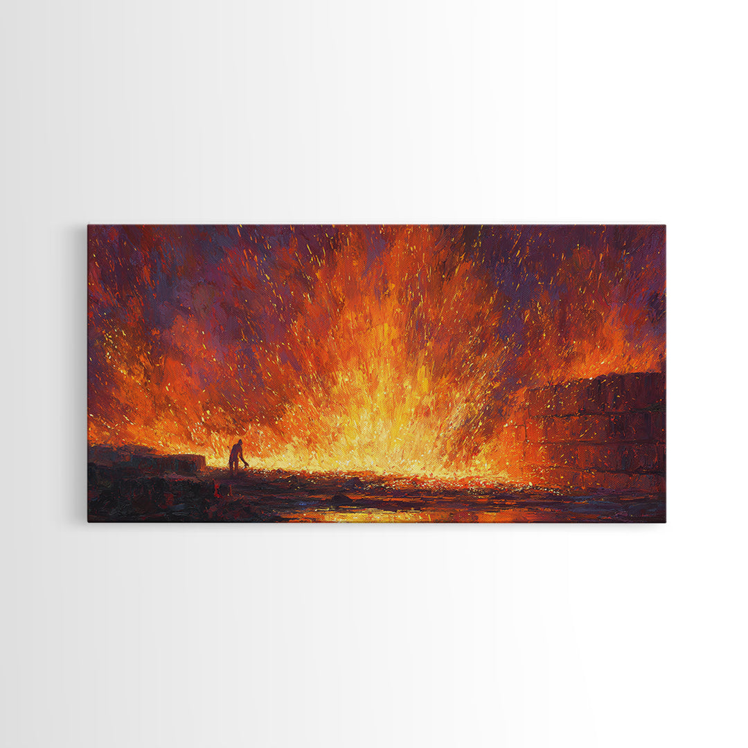 Molten Foundry Firestorm Framed Canvas Print, Fiery Industrial Wall Art, Orange Abstract Painting, Statement Living Room Decor