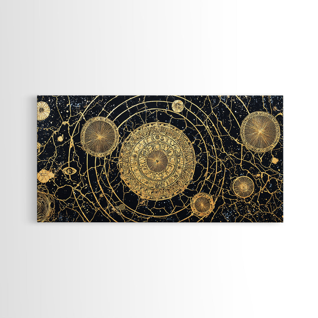 Gold Celestial Mandala Map Wall Art, African Abstract Black And Gold Decor, Luxury Canvas, Spiritual Boho Home Decor, Statement Piece