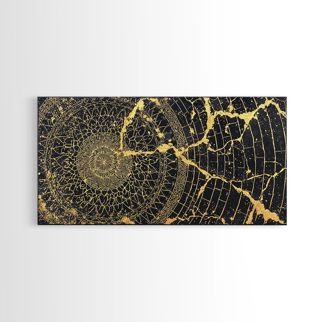 Gold Spiral Geometric Web Wall Art, Abstract African Art Print, Black Gold Decor, Modern Boho Statement Canvas For Living Room