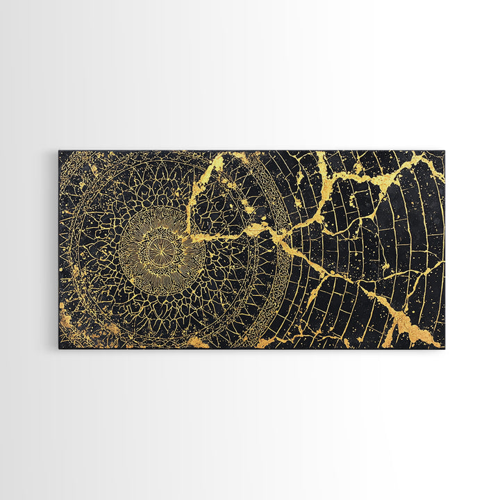 Gold Spiral Geometric Web Wall Art, Abstract African Art Print, Black Gold Decor, Modern Boho Statement Canvas For Living Room