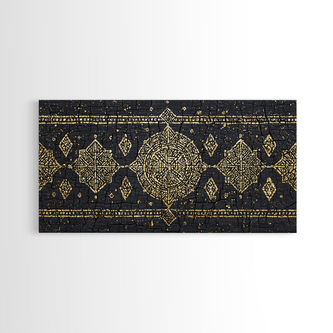 Gold Mud Cloth Geometric Framed Canvas Print, African Patterns, Tribal Art Decor, Black Gold Boho Wall Decor For Living Room