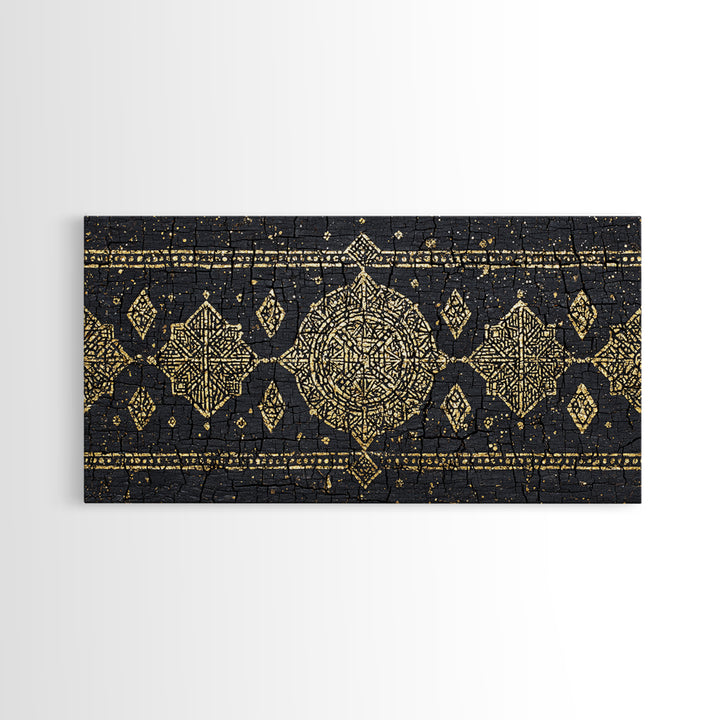 Gold Mud Cloth Geometric Framed Canvas Print, African Patterns, Tribal Art Decor, Black Gold Boho Wall Decor For Living Room