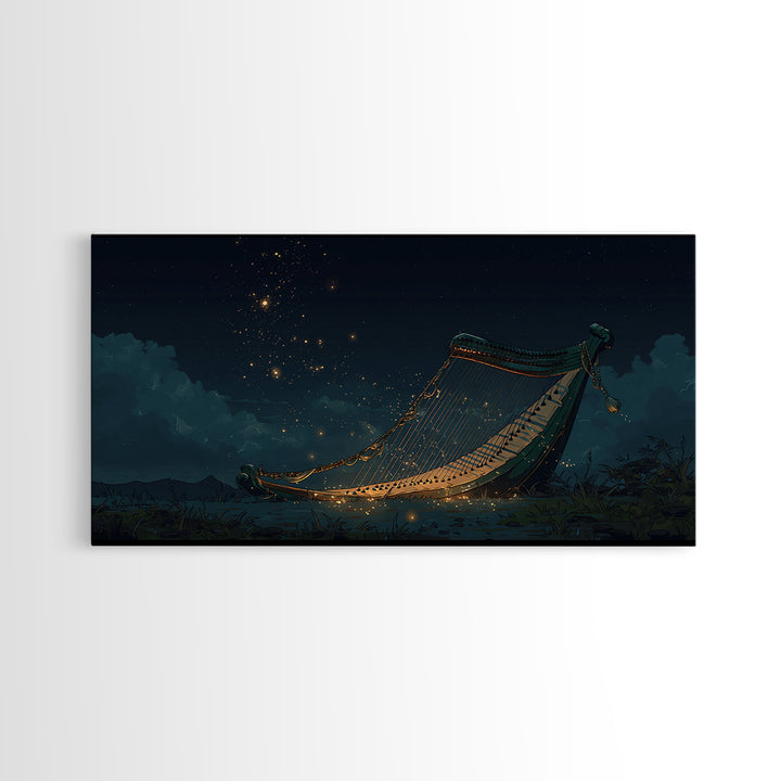 Glowing African Kora Harp Canvas Print, Night Music Wall Decor, Cultural Art Print, Starry Blue Afrocentric Home Decor, Gift For Him