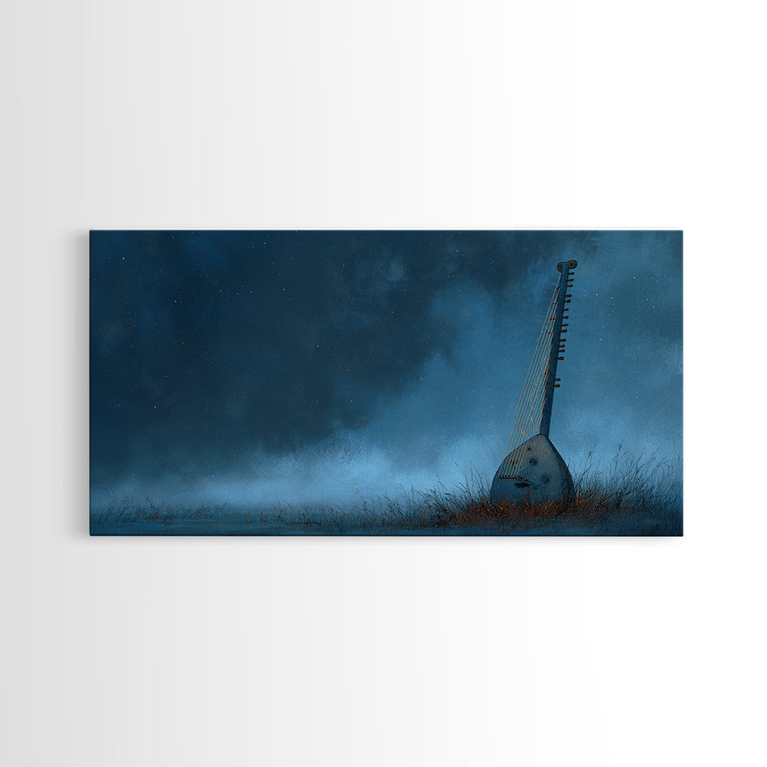Blue African Kora Instrument Wall Art, Starry Night Music Print, Cultural African Artwork, Moody Bedroom Decor Canvas Print
