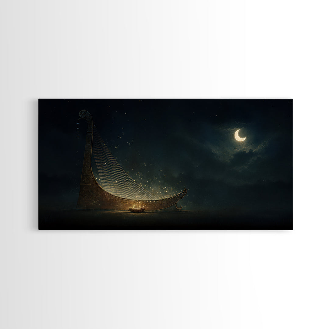 Moonlit African Kora Harp Framed Canvas Print, Crescent Moon Music Wall Decor, Spiritual Afrocentric Art, Dreamy Night Gift