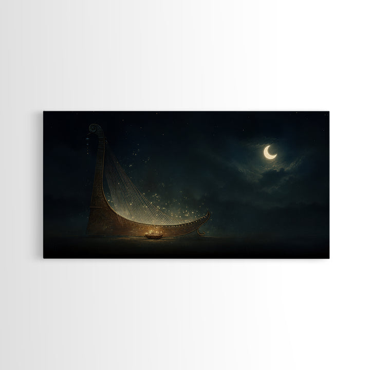Moonlit African Kora Harp Framed Canvas Print, Crescent Moon Music Wall Decor, Spiritual Afrocentric Art, Dreamy Night Gift