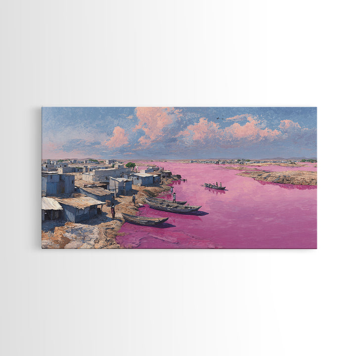 Pink River African Village Wall Art, West African Landscape, Coastal Boat Scene, Serene Travel Decor For Living Room Canvas Gift