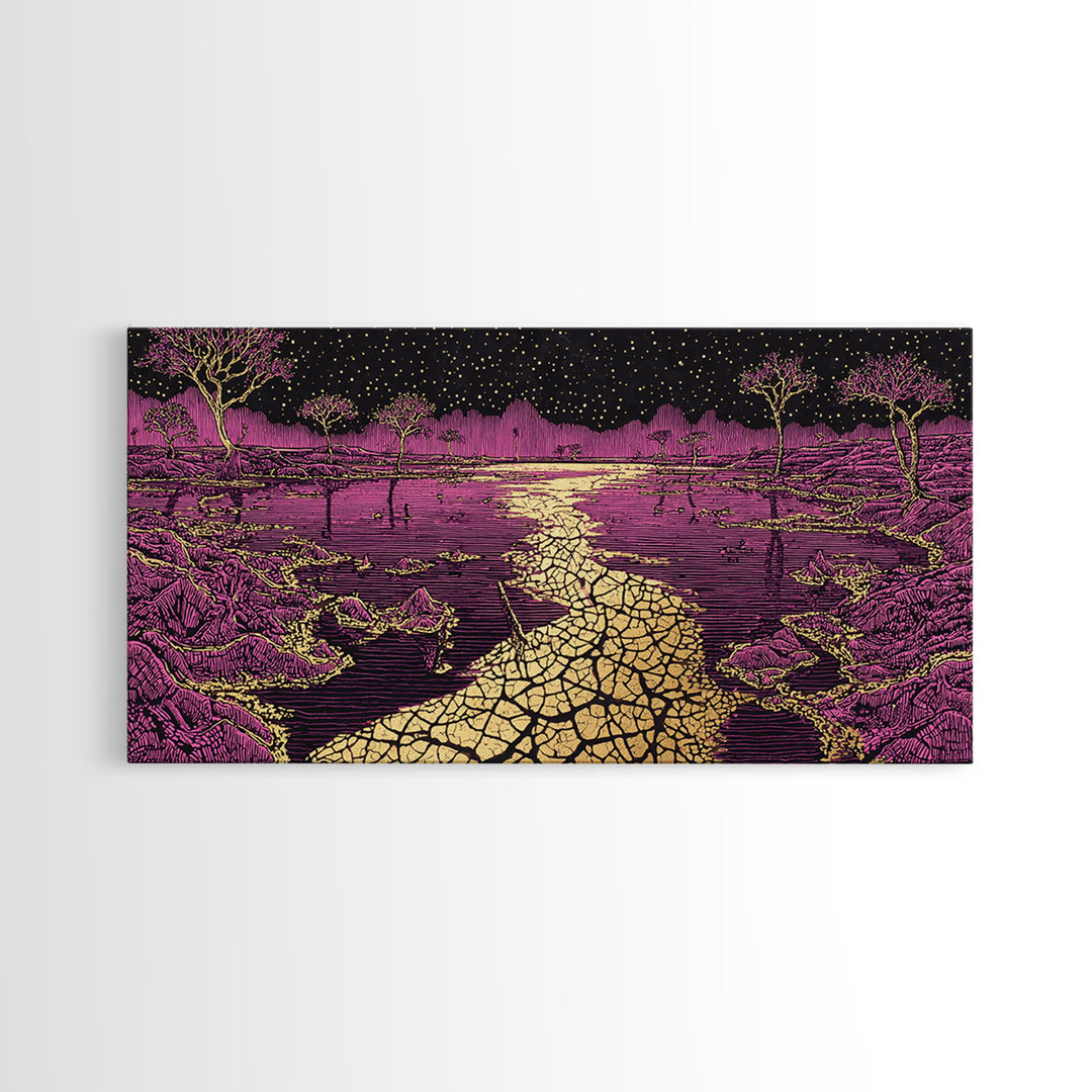 Mystic Purple Savannah Path Wall Art, African Tree Landscape, Starry Night Boho Decor, Spiritual Canvas For Living Room Gift