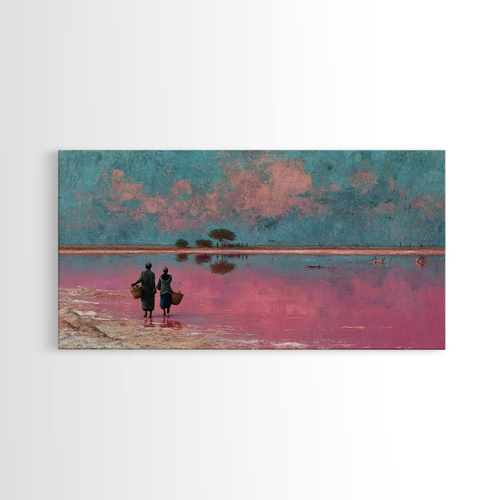 African Women At Pink Lake Wall Art, Pastel Landscape Painting, Motherland Travel Decor, Feminine Canvas For Living Room