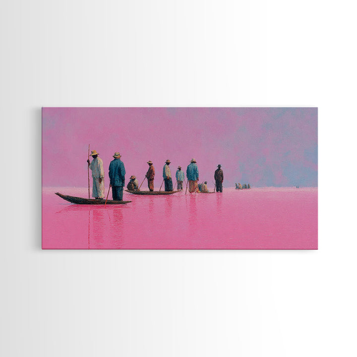 Pink Lake Fishermen On Long Boat Canvas Print, African Travel Landscape, Minimalist Coastal Decor For Modern Living Room