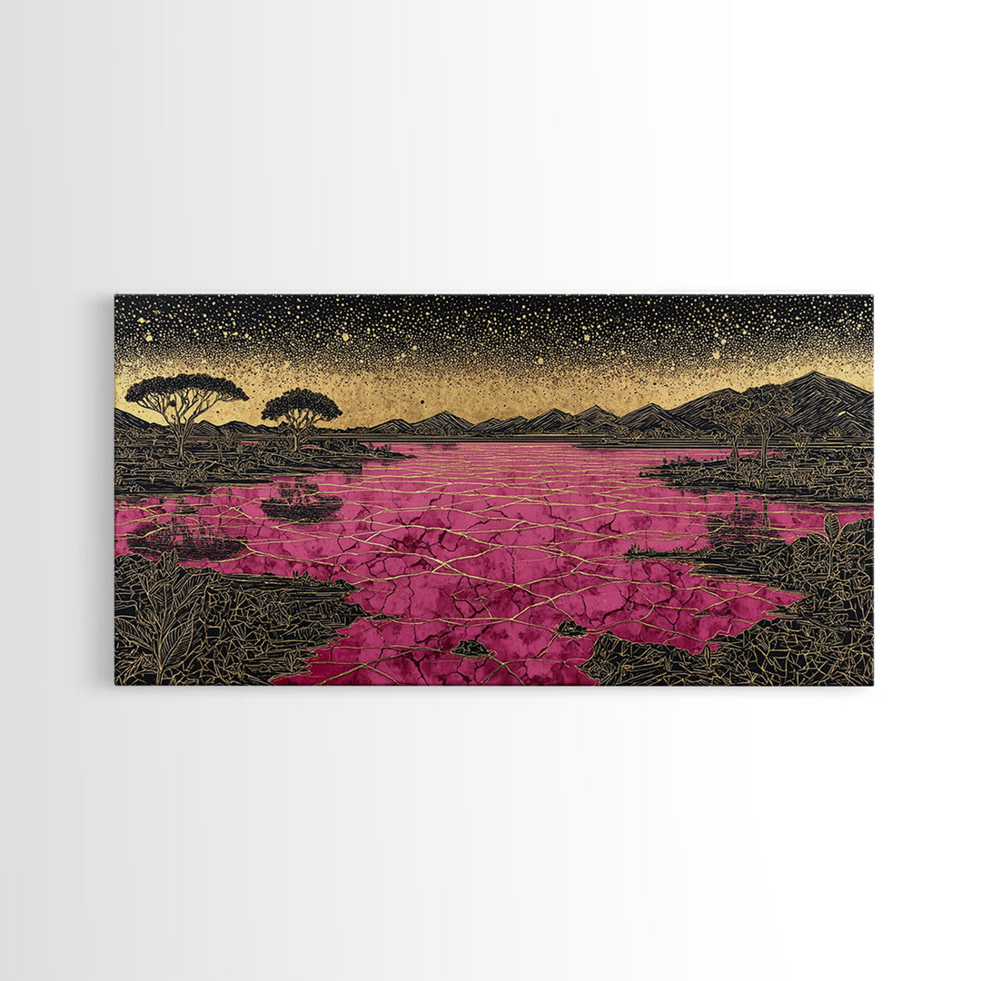 Cracked Pink Lake Savannah Wall Art, African Landscape, Black Gold Boho Decor, Serengeti Inspired Canvas For Living Room