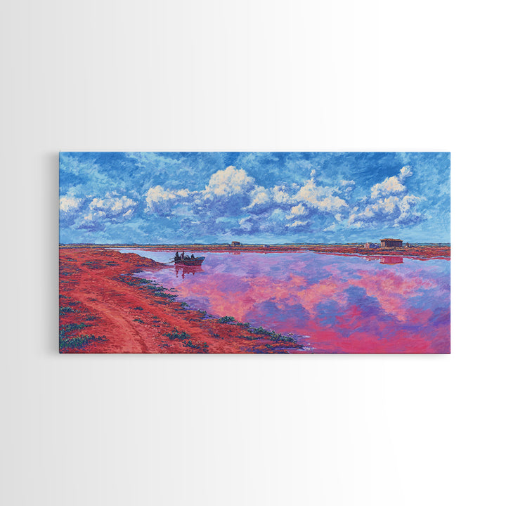 Pink Salt Lake Boats Wall Art, African Landscape Painting, Coastal Travel Poster, Blue Sky Canvas Decor, Living Room Gift