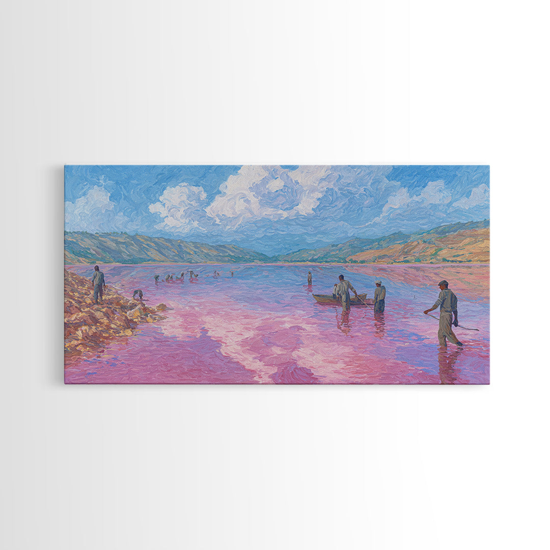 Pastel Salt Lake Workers Canvas Print, African Landscape Wall Decor, Pink Water Painting, Mountain Travel Art Gift, Living Room Decor