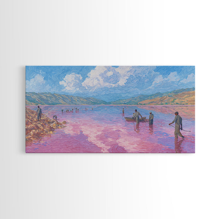 Pastel Salt Lake Workers Canvas Print, African Landscape Wall Decor, Pink Water Painting, Mountain Travel Art Gift, Living Room Decor