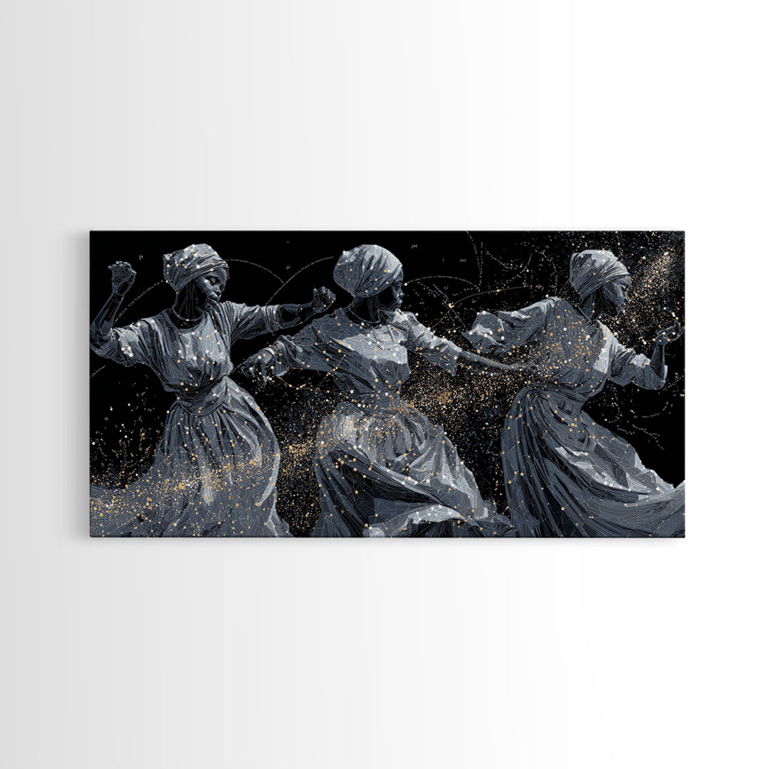 Three Dancing African Women Wall Art, Black And Gold Figurative Painting, Afrocentric Home Decor, Cultural Canvas Gift For Her