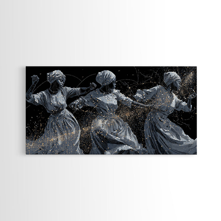 Three Dancing African Women Wall Art, Black And Gold Figurative Painting, Afrocentric Home Decor, Cultural Canvas Gift For Her