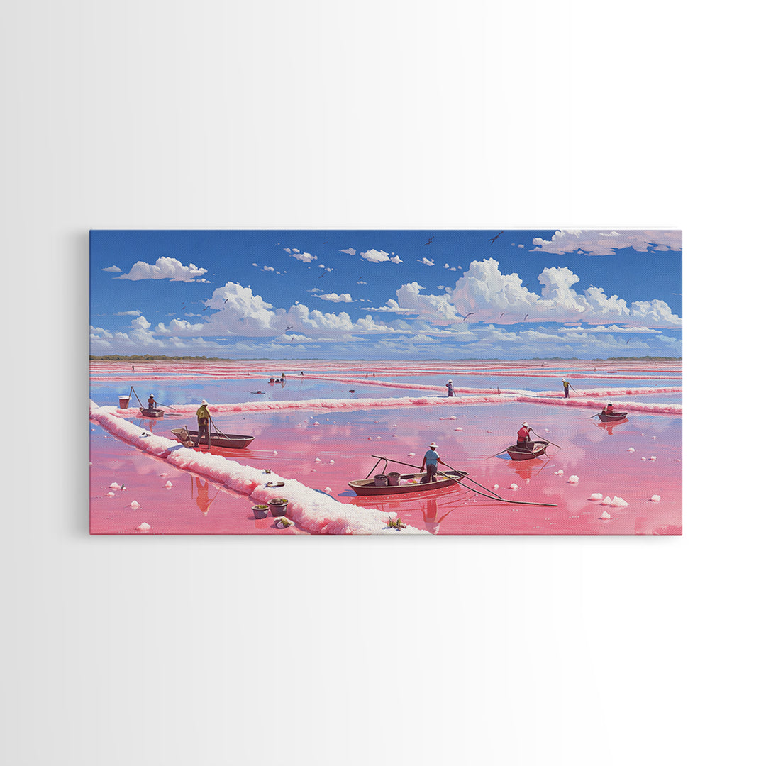 Pink Salt Flats With Boats Wall Art, African Coastal Landscape, Flamingo Lake Painting, Large Canvas Decor, Travel Home Gift