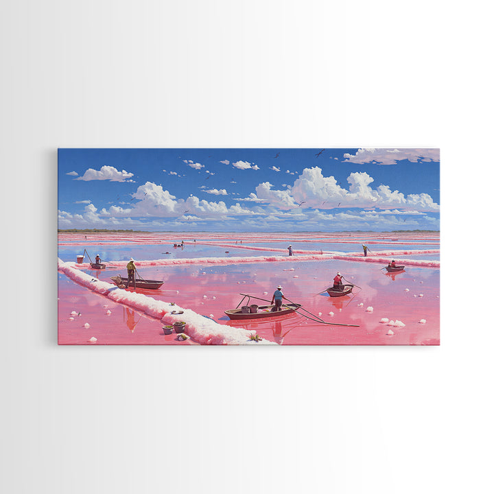 Pink Salt Flats With Boats Wall Art, African Coastal Landscape, Flamingo Lake Painting, Large Canvas Decor, Travel Home Gift