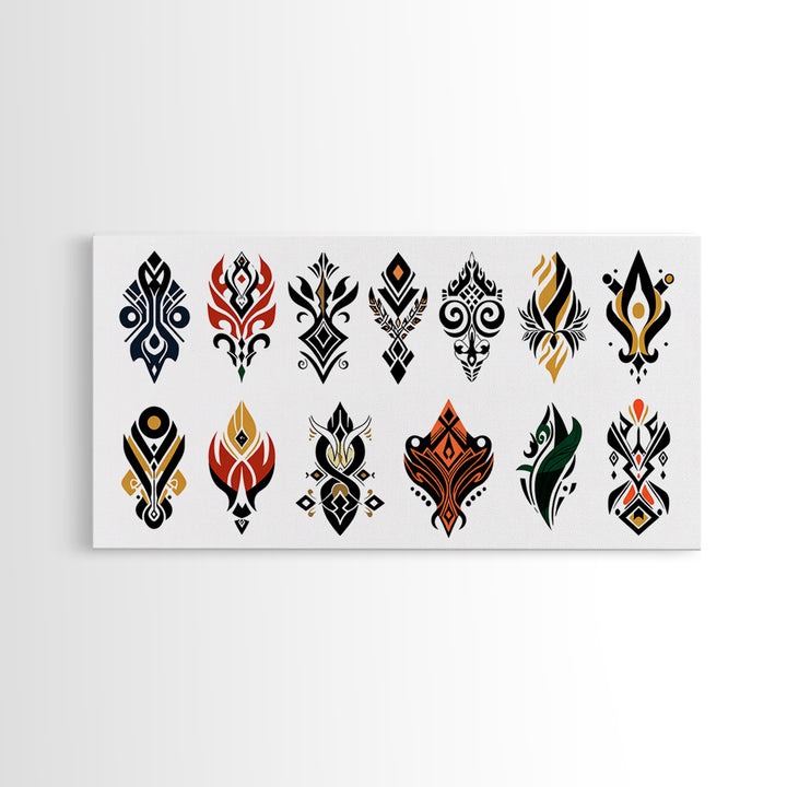 Colorful African Tribal Symbols Canvas Print, Ankara Pattern Wall Art, Ethnic Motif Poster, Modern Afrocentric Decor Gift