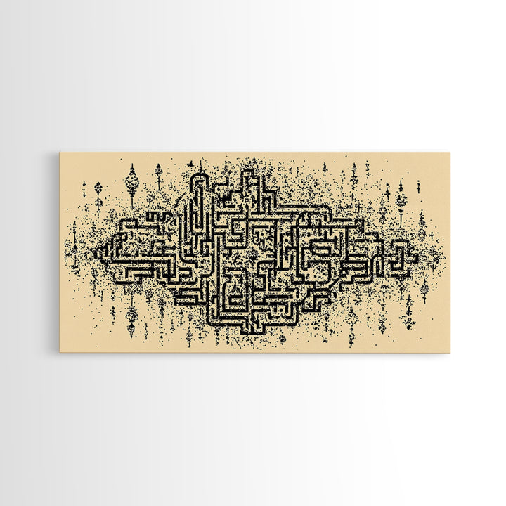 Ancient Maze Pattern Wall Art, Abstract African Textile Inspired Print, Beige Black Geometric Decor, Cultural Canvas Gift