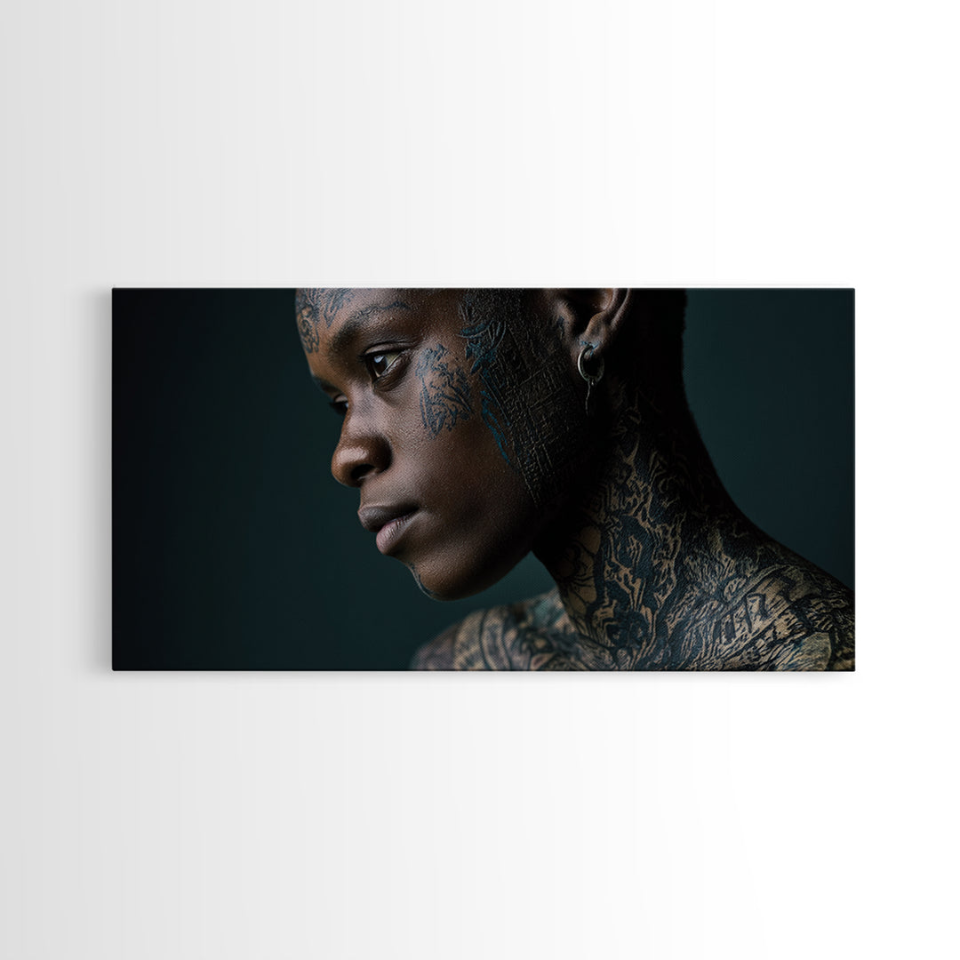 Tattooed Black Woman Portrait Framed Canvas Print, African Beauty Wall Art, Dramatic Profile Photography, Melanin Decor Gift