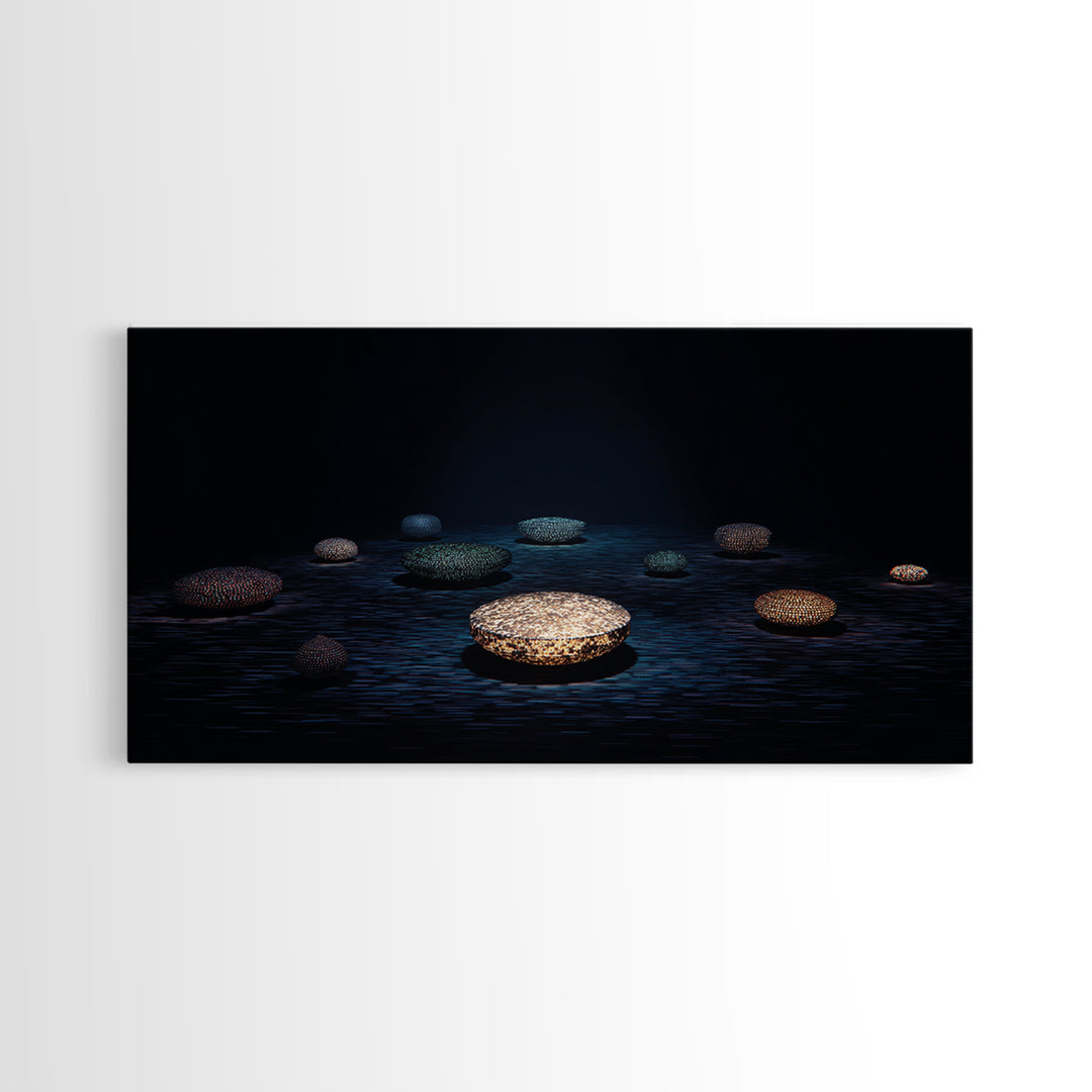 Glowing Beaded Bowls Wall Art, Abstract African Night Water Scene, Luxury Dark Canvas Decor, Modern Gallery Gift For Living Room