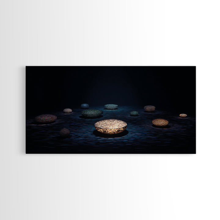 Glowing Beaded Bowls Wall Art, Abstract African Night Water Scene, Luxury Dark Canvas Decor, Modern Gallery Gift For Living Room
