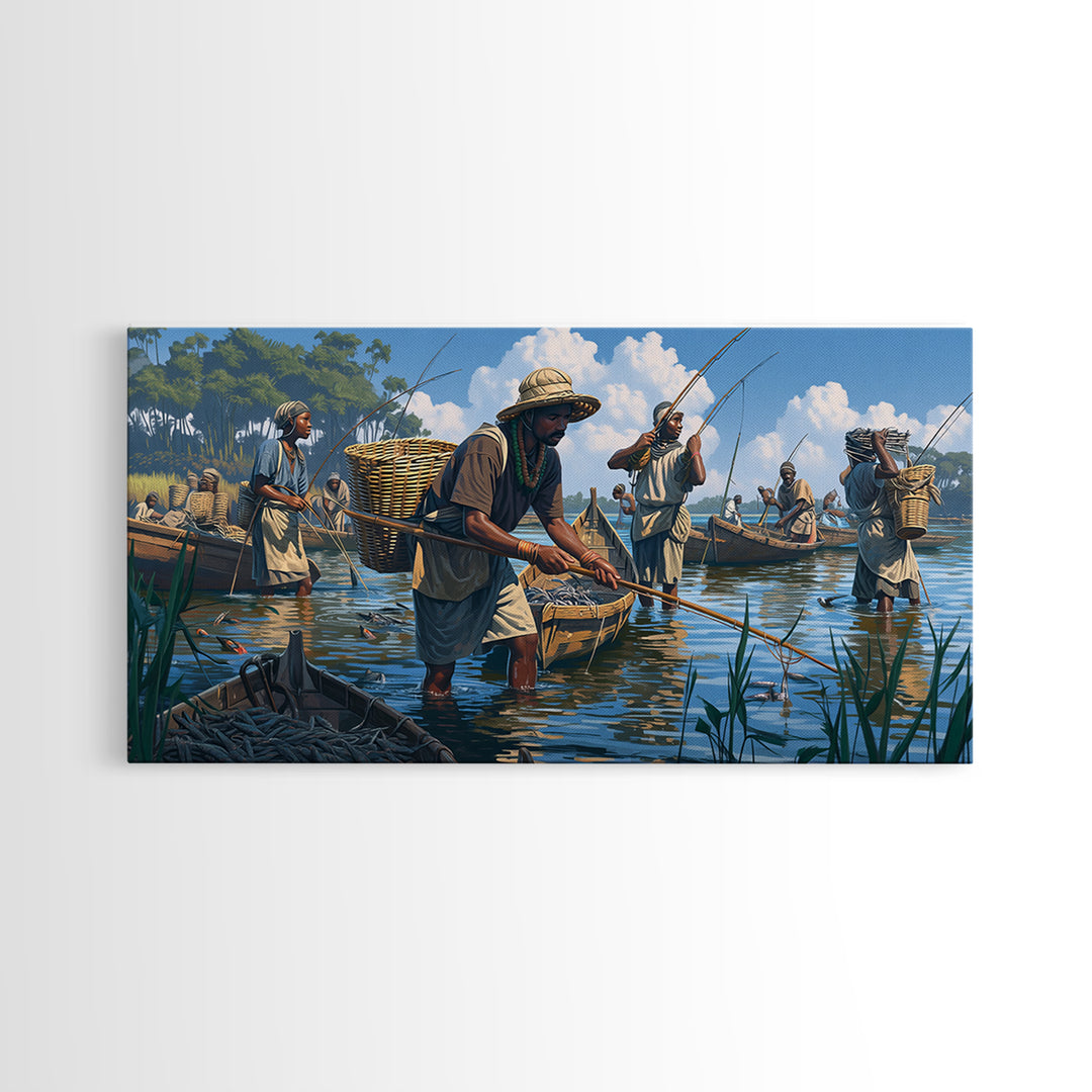 Traditional African Fishermen In River Boats Canvas Print, African Culture Art, Fishing Village, Safari Decor, Living Room Decor