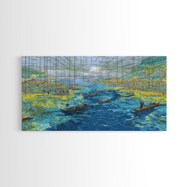 Abstract Blue Wetlands With Boats Canvas Print, Modern African Art, Coastal Landscape, Teal Wall Decor, Large Living Room Art